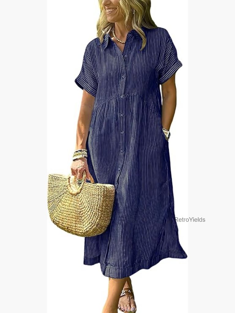 Women's Boho Striped Shirt Dress With Pockets A-Line Midi
